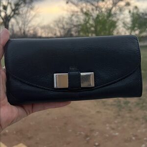 Chloe Black Leather Long Wallet with Silver Bow